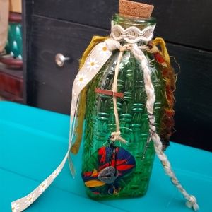 😀 HAND CRAFTED Green decorative bottle ribbon fibers cork home decor